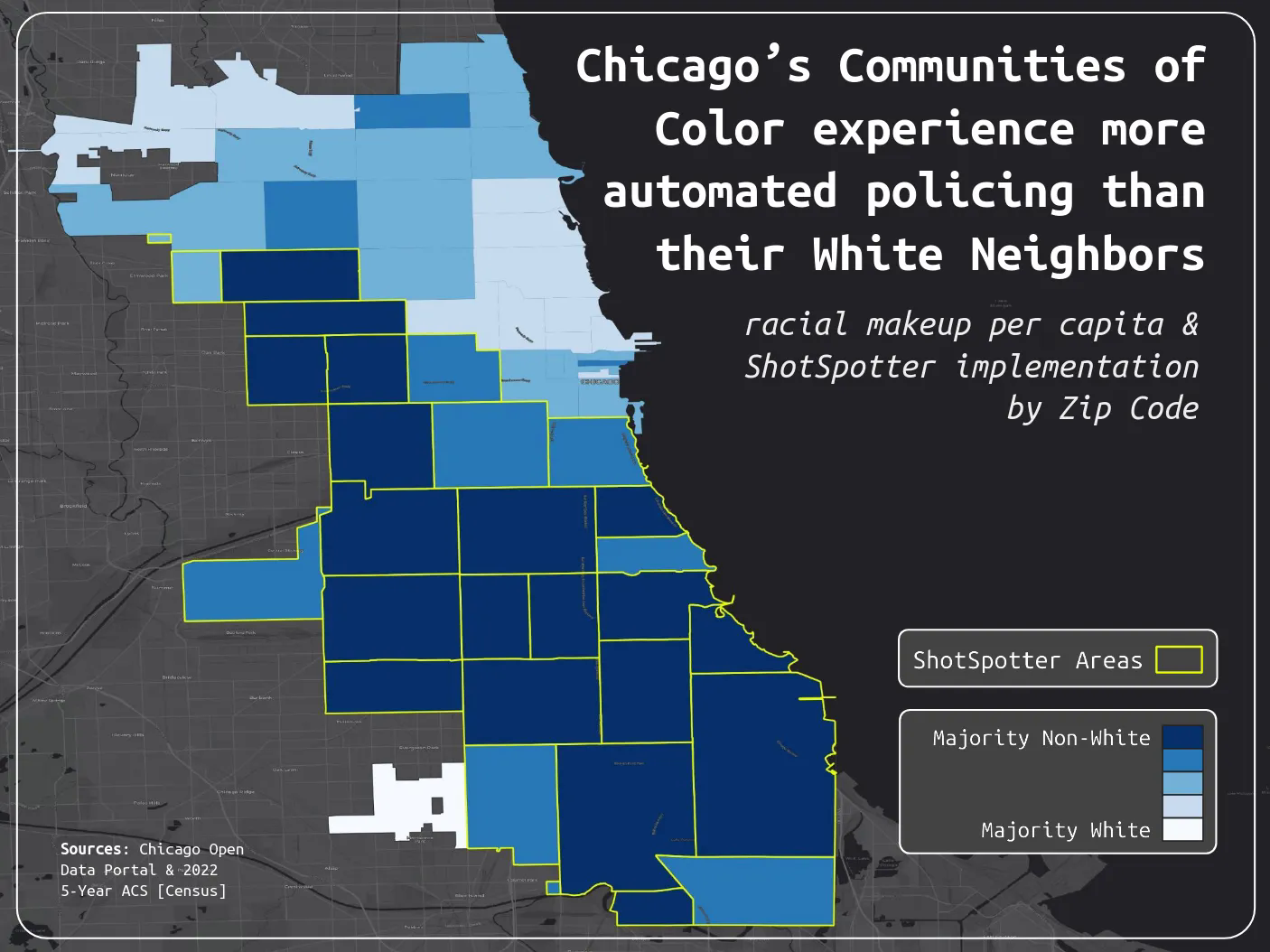 Digital graphic of a blue map with yellow outlines of zip code. The map showcased policing infrastructure alongside racial makeup per zip code.